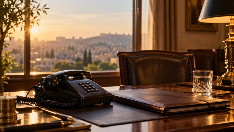 Şara ile telefon görüşmesi için diplomatik çalışma masasında telefon ve belgeler