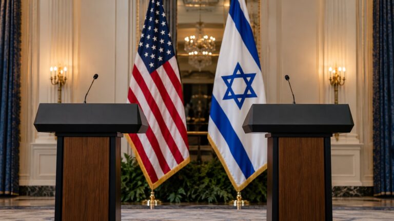 Trump'tan Netanyahu'ya destek açıklaması haberinde ABD ve İsrail bayraklarının arkasında boş basın kürsüleri