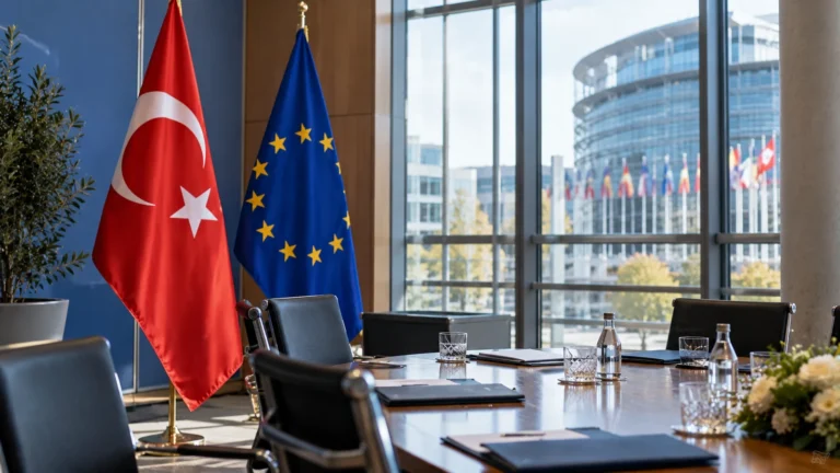 Vize serbestisi - Türkiye ve Avrupa Birliği bayraklarıyla teknik görüşme salonu