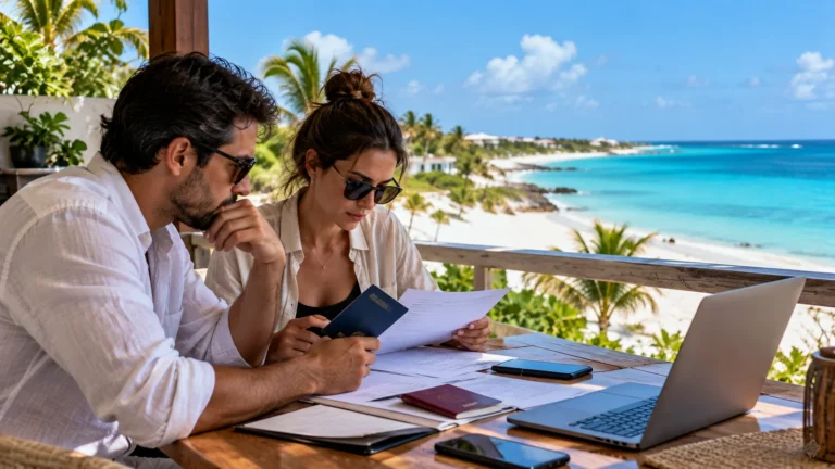 Turks ve Caicos kalıcı oturum belgelerini sahil kenarındaki masada inceleyen iki kişi