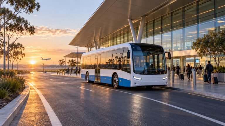 Western Sydney Havalimanı ulaşım rehberi için temsili terminal önünde havalimanı servis otobüsü