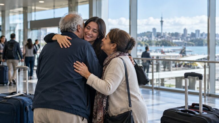 Yeni Zelanda aile birleşimi — havalimanında anne babayla kavuşma
