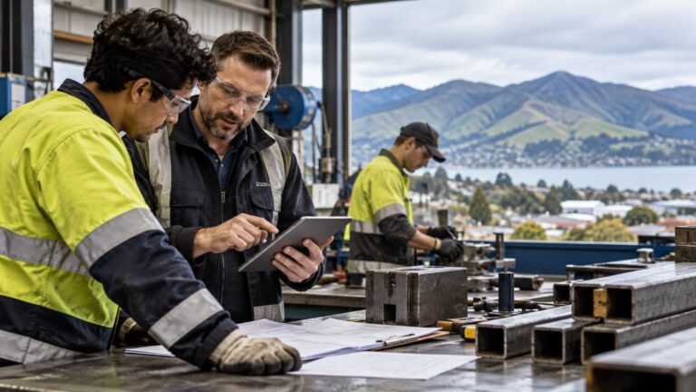 Yeni Zelanda çalışma vizesi AEWV konusunda metal atölyesinde iş planlarını inceleyen çalışanlar